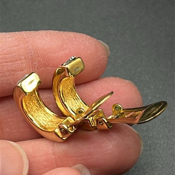 VTG Christian Dior Rhinestone Baguette Gold Half Hoops Clip Ons - Picture 8 of 12